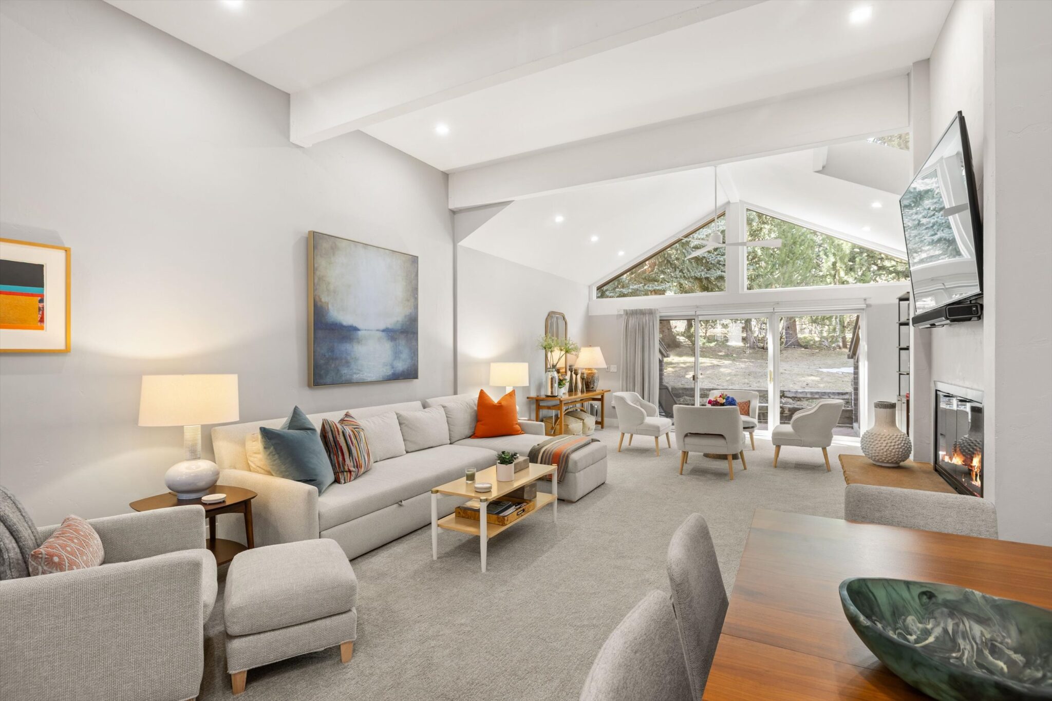 Living room with vaulted ceiling, fireplace and sectional at 625 S West End Street #7, Aspen